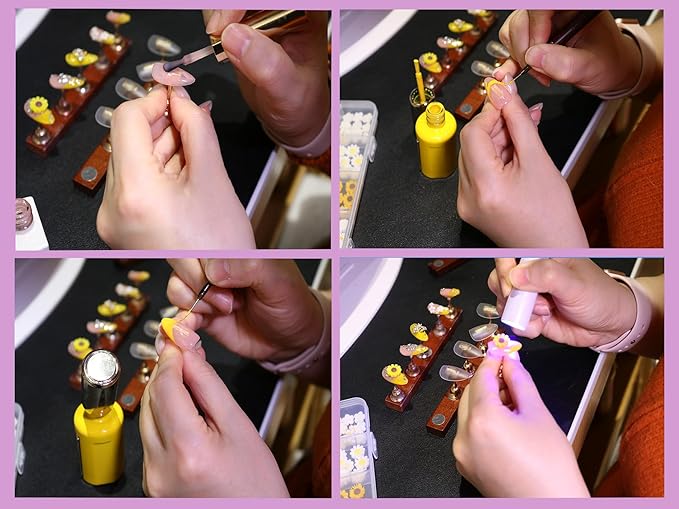 24Pcs Handmade Press on Nails,3D Sunflower Medium Length Almond Shape Fake Nails with Full Covered White Flowers,Cute Manicure Kit for Women and Girls