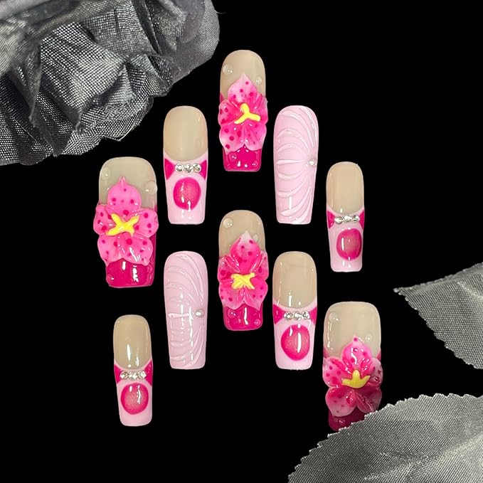 Handmade Press On Nails, Medium Long Square, 3D Floral Design, Nude Base with Rose Red Flowers, Rhinestone Accents, Reusable Acrylic False Nails (Duo Blossom, L)