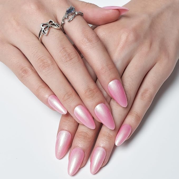 GLAMERMAID Pink Press on Nails Medium Almond, Handmade Glitter Shimmer Neutral Jelly Chrome Gel Glue on Nail Stiletto, Glossy Fake Nails Short Oval，Reusable Acrylic Stick on False Nail Kits for Women