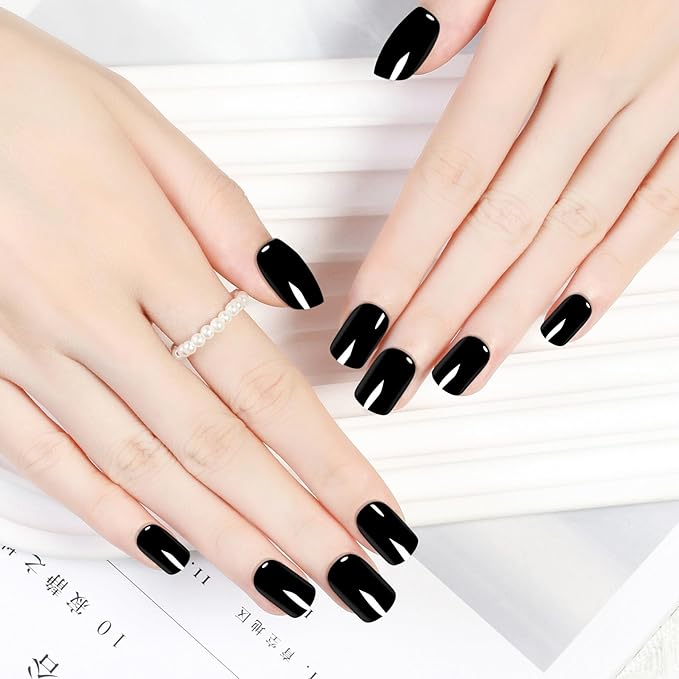 Black Gothic Press On Nails Short - No Glue Square Acrylic Fake Nails, Chip-Free Breathable Fit with Nail File for Beginners, 24 Nails in 12 Sizes