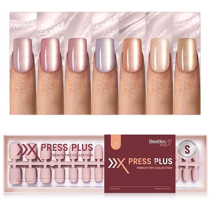 Beetles X Press Cat Eye Nails - 7 Colors Nude Short Square Press On Nails | 16 Sizes 224 Pcs Natural Salon Quality Glitter Chasing Light Cateye Nails For Women