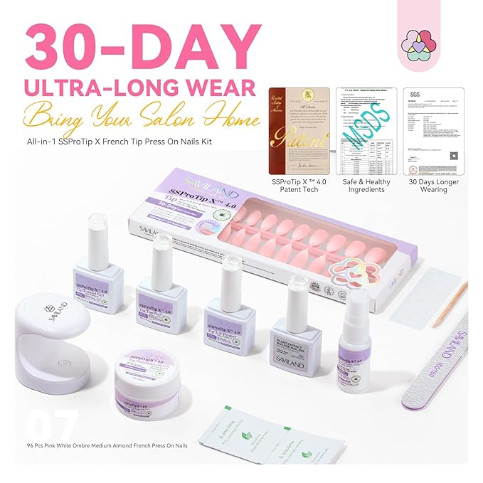 SAVILAND Almond Nail Tips 30 Days Wear: 96 Pcs 16 Sizes French Tip Nails Pink White Ombre Full Cover False Nail Tips Strong Nail Glue For Nail Tips Nail Primer Builder Nail Gel LED Lamp Manicure Kit