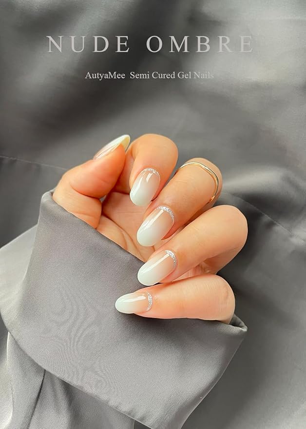 Semi Cured Gel Nail Strips (Nude Ombre), Gold Glitter, 20 Pcs Gel Nail Wraps, Stickers, UV Light Required, Salon Quality, Long Lasting