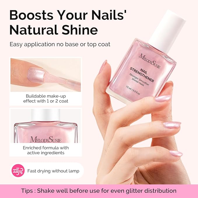 MelodySusie Nail Strengthener and Growth Treatment, 2-in-1 Ridge Filling Base Coat & Glossy Concealer Polish for Damaged Nail Repair and Healthy Shine,Gifts for Women 15ml 0.5 Fl Oz Sparkling Pink