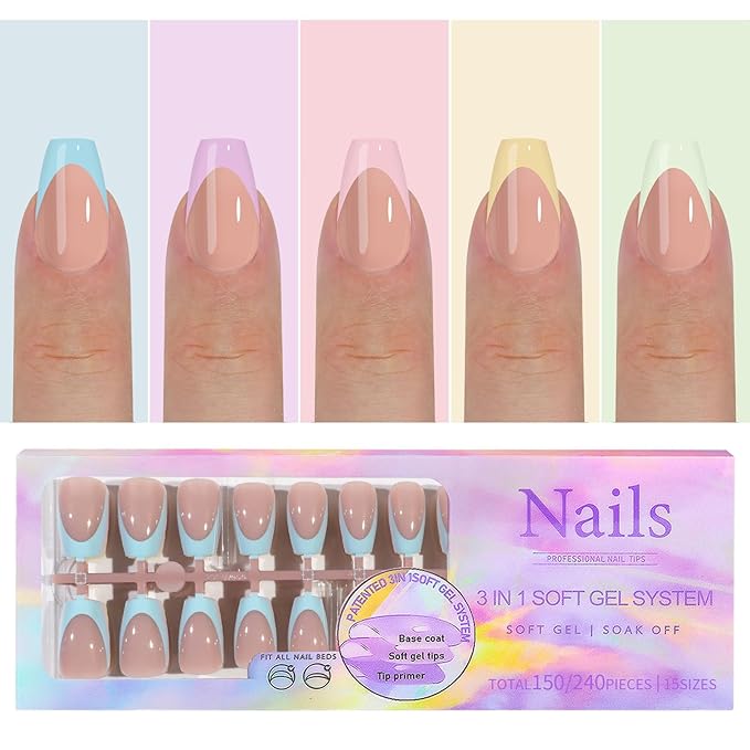 150Pcs Red French Tip Press On Nails Almond- 15 Sizes Reusable Soft Gel Nail Tips with Pre-Applied Primer, Salon-Quality DIY Nail Art Kit for Natural & Glam Looks (Multicolor 04)