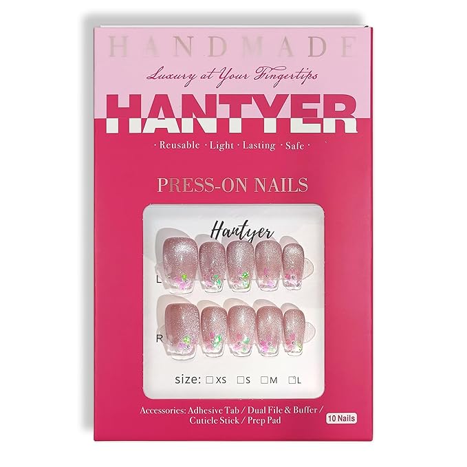 Handmade Press on False Nails - Medium Coffin Nails, Pink Ombre French Tips with Cat Eye & Aurora Sakura Design, 10pcs Glossy Finished Reusable Gel Nails with Pearls Gift for Women (Size M)