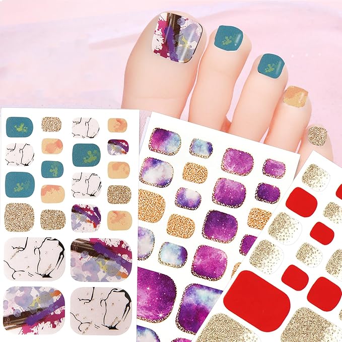 JERCLITY 440 Pieces 20 Sheets Toe Nail Stickers Full Nail Wraps Self-Adhesive Glitter Toenail Polish Strips Full Nail Stickers Nail Art Decals Strips with Nail File for Women Girls Kids（Warm Colors）