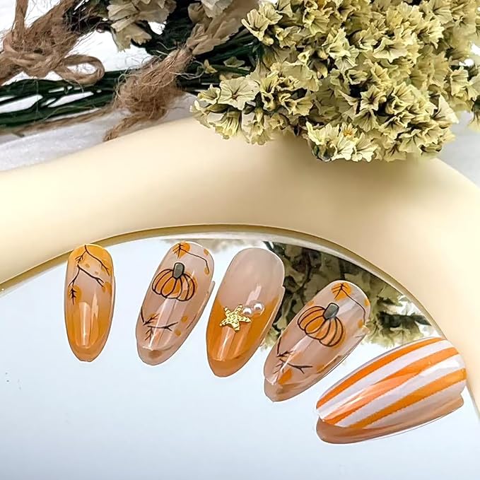 30Pcs Fall Press on Nails Medium Almond French Tip Fake Nails Maple Leaf Pumpkin False Nails with 3D Pearl Design Thanksgiving Orange Glossy Artificial Stick on Nail Full Cover Glue on Nails for Women