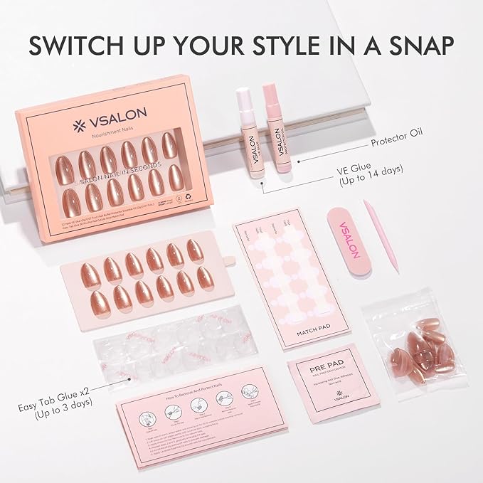 VSALON Press on Nails Short Almond - Pink Cat Eye Glitter Metallic Tip Fake Nails Kit for Woman, Reusable Opaque Gel Chrome Glue on Nails with Glue & Cuticle Oil - 32 PCS Stick on Nails in 16 Sizes