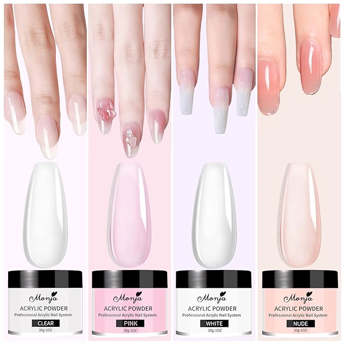 Monja Acrylic Powder - 4PCS 30g Professional Colored Acrylic Nail Powder for Acrylic Nails Extension 3D Nail Art Acrylic Polymer Powder Manicure Salon DIY No Need Nail Lamp