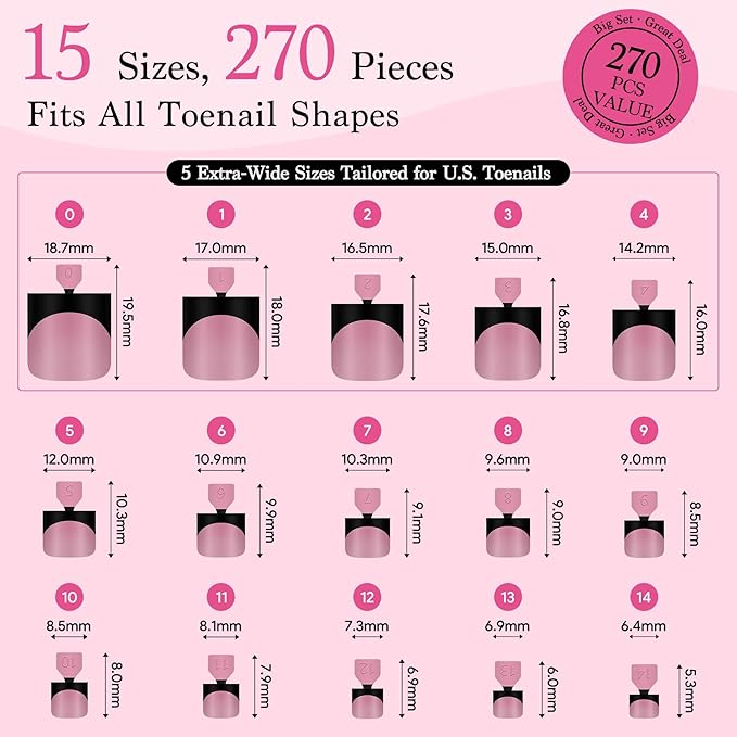Toenail Press Ons French Tip, Berry Pink Black Elegant False Toe Nail Extension 15 Sizes 270 Pcs Sharp Square Acrylic Tips Pre-applied Nail Primer & Base Coat Full Cover for DIY Home 2025 Summer