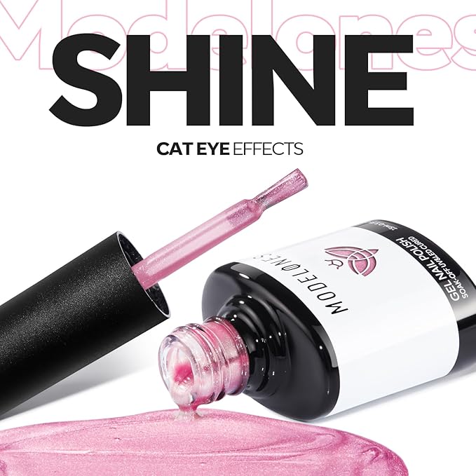 modelones Pink Cat Eye Gel Polish Slik Glitter Holographic Jelly Glass Cat Eye Light Rose Shimmer Reflective Translucent U v Gel Magnetic Valentine Nail Polish 15 ML