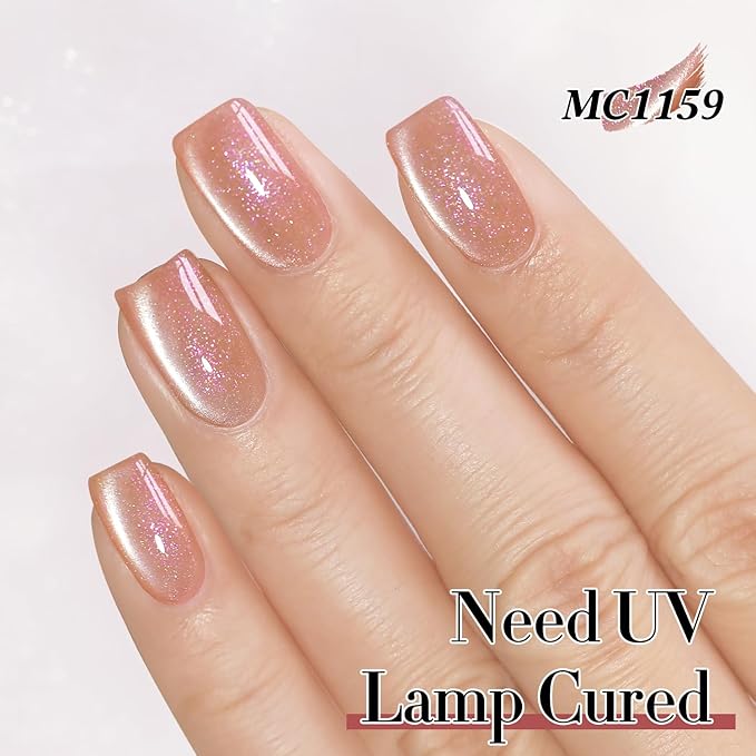 Double Rhythm 0.5 Oz Cat Eye Gel Polish with Magnet Same Color Same Bottle Holographic Glitter Shimmer Translucent Color Salon 15 ML Magnetic Nail Art (Nude Apricot-MC1159)