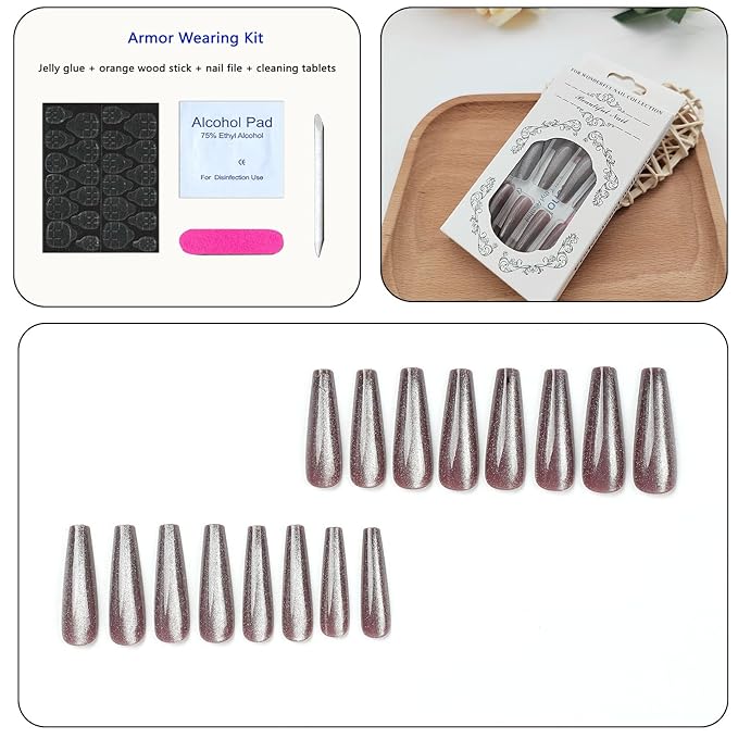 Press on Nails Long Coffin Haze Purple Cat Eye Fake Nails Acrylic Glue on Nails with Silver Glitter Designs Full Cover Acrylic Nails Press ons for Women Daily Wear 24 Pcs