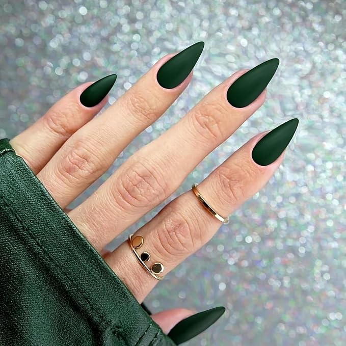 Matte Dark Green Press on Nails Almond Shaped 48Pcs Neutral Fake Nails for Women, Medium Almond Nails Press on Reusable Acrylic Nails Glue on Medium Length Stiletto False Nails Gel Artificial Nails