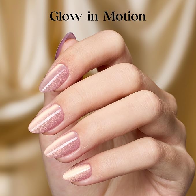 Beetles Motion Glow Cat Eye Press On, Short Almond Press On Nails Kit with Fast-Dry Nail Glue & Adhesive Tabs, 32pcs 16 Sizes, Girls Stick On Nails for Women Rose Glow