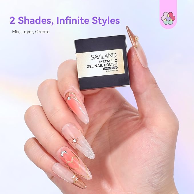 SAVILAND Metallic Gel Nail Polish Set: 2PCS Chrome Gel Polish Antique Rose Gold & Gold Golden 3D Metal Painting Gel for Glossy Mirror Effect Soak Off UV LED Chrome Nail Art Home Salon DIY