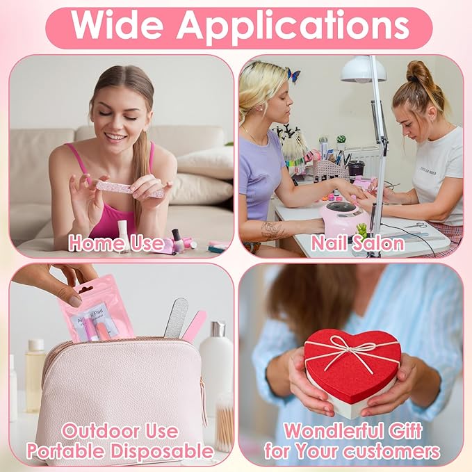 100 Pcs Pink Press On Nail Tool Kit for Business - Prep Application Disposable Kit with File, Glue, Prep Pads, Adhesive Tabs, Wood Stick, Holographic Bag
