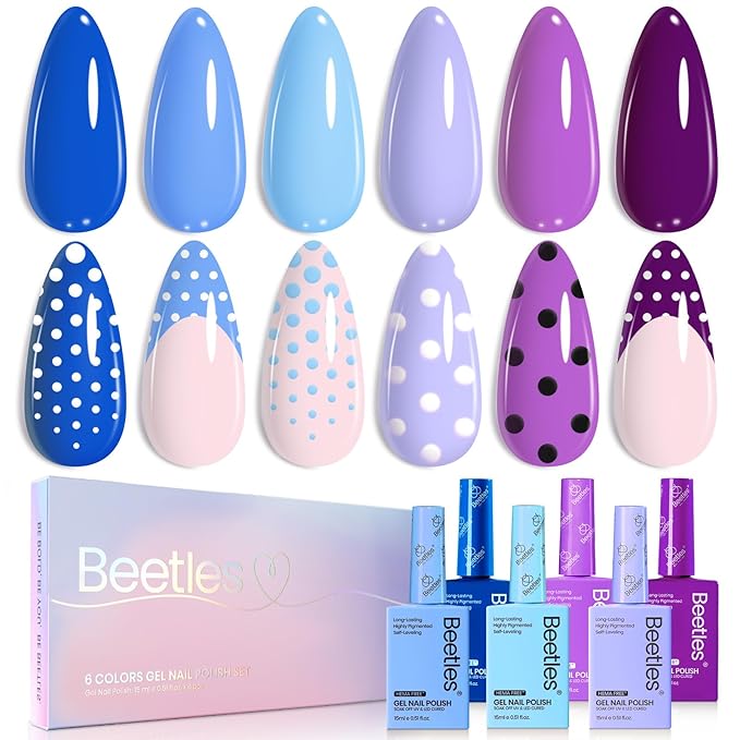 Beetles Gel Nail Polish Set - 6 Colors Hema-Free 15ML Full Size Baby Blue Purple Kit Wisteria with Red Winter 6 Burgundy Orange Pink 15ML