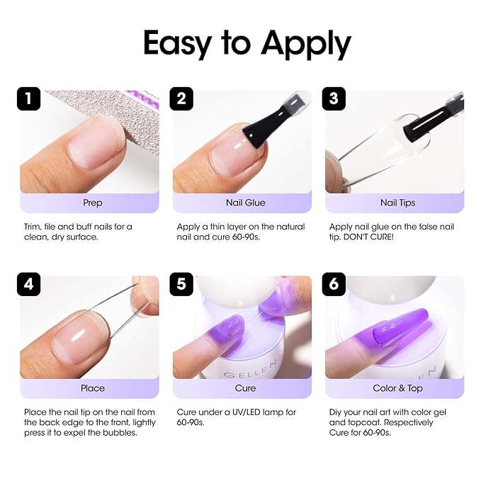 Gellen 4 in 1 Nail Glue Gel and No Wipe Gel Top Coat for False Nail Tips & Acrylic Nails & Clear Press on Nails, 18ML Long Lasting Nail Gel Kit, Home Salon Manicure Set