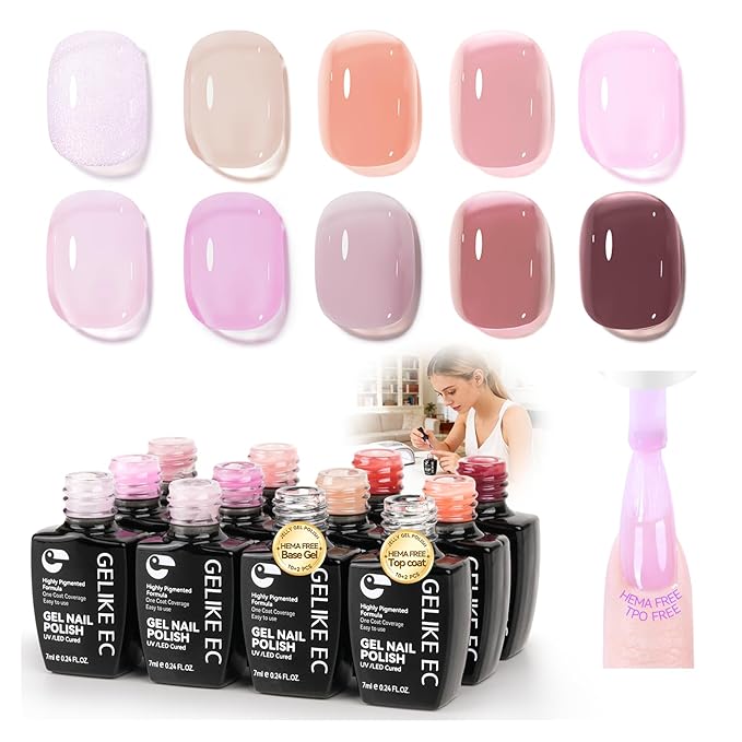 gelike ec Jelly Color Gel Polish: Nail Starter Kit with 10 Gel Colors & Base Gel Top Coat - need UV LED Lamp Cure Smooth Easy Used on Natural & Acrylic Nails at Home for Beginner and Teens