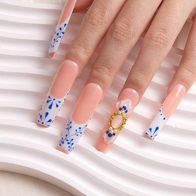 LOVFUL Press on Nails Porcelain Blue| Handmade with Full Covered Crystals| Reusable Fake Nails| Square Mid length 1.7in| H273-L