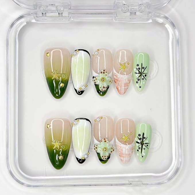 Luxury Press on Nails Medium Almond Handmade 3D Unique Reusable ABS Material Fake Nails Green French Tip False Nails with Designs Starfish Floral Art Petal Glossy Glue on Nails Thick Acrylic Nails(M)