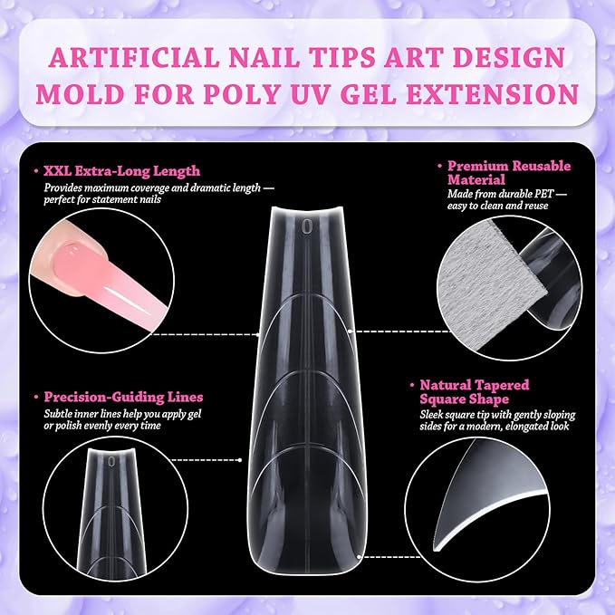 outopen 150pcs Long Straight Stiletto Coffin Nail Forms Thicken Clear Coffin Shape Nail Mold for Polygel Acrylic Extension Full Cover Fake Press On Nail Molds for Beginners DIY Manicure,15 Sizes