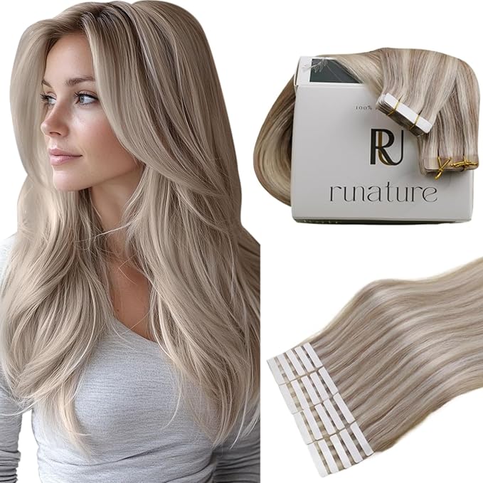 RUNATURE Tape in Hair Extensions Human Hair 20 Inch Blonde Grey Blonde Mix Platinum Blonde Human Hair Tape in Extensions Long 20pcs 50g