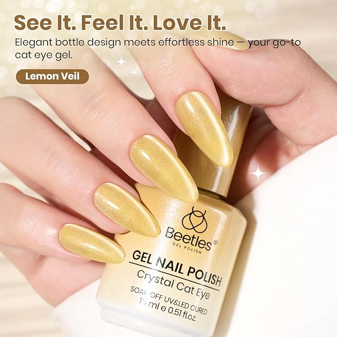 Beetles Lemon Veil Yellow Cat Eye Gel Nail Polish - 15ML Glitter Yellow Cat Eye Spring Gel Polish Magnetic Shimmer Effect Soak Off UV Nail Art Design Salon DIY Manicure Gift for Women