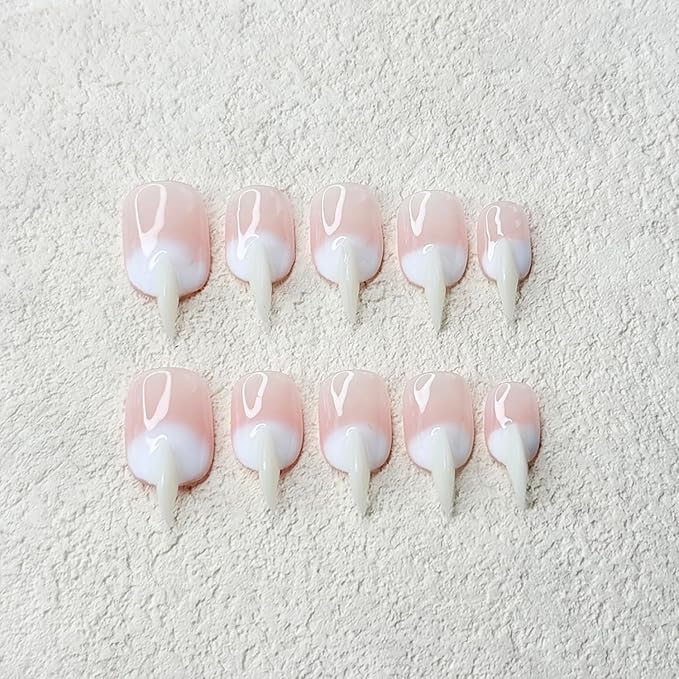 10 Pcs Handmade Press on Nails Medium Curved Stiletto Cat Claw Fake Nails Unique Pink White Designs Thick 3D Cat Claw Nails Press Ons Reusable Glossy Acrylic French Gradient Stick on Nail (S)