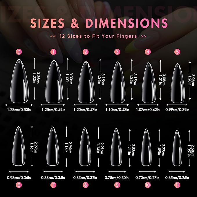 Ranrose Long Almond Nail Tips 240pcs Stiletto Soft Gel False Nails 12 Sizes Clear Full Cover Almond Shaped Press on Nail for Nail Extensions