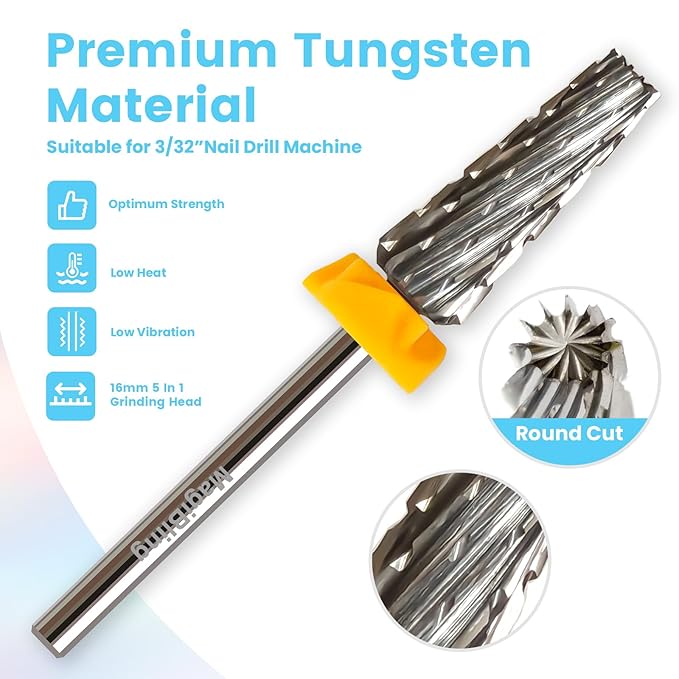 16mm 5 in 1 Tapered Barrel Nail Drill Bits, 3/32'' Safety Tungsten Carbide Bits, Right & Left Rotation, Manicure Cuticle Gel Acrylic Removal Polishing, Technicians Bits, Double Coarse