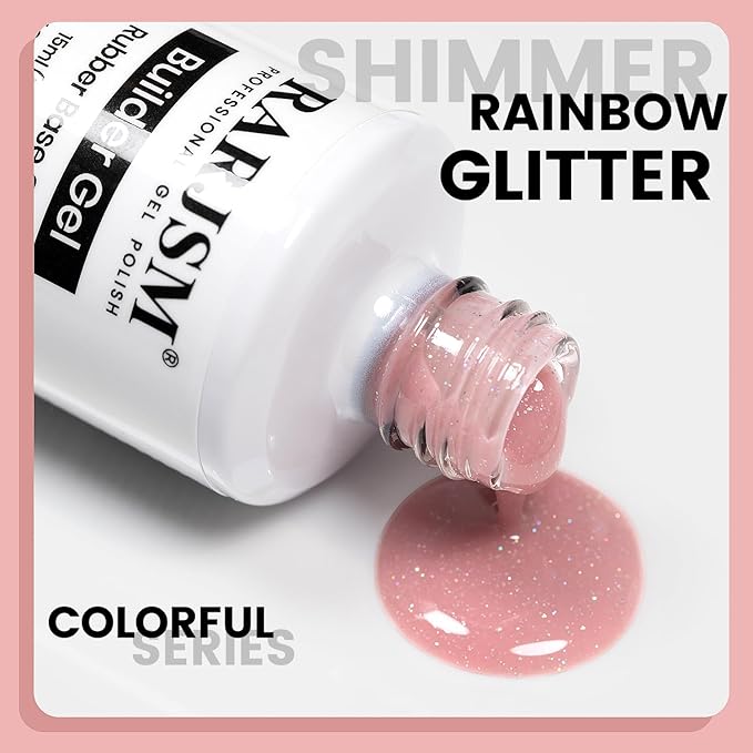 RARJSM Nude Rubber Base Gel Nail Polish Rainbow Glitter Sheer Light Pink Rubber Base for Nails Iridescent Brush on Quick Extend Builder Hard Gel Soak Off Curing Requires 15ml French Manicure