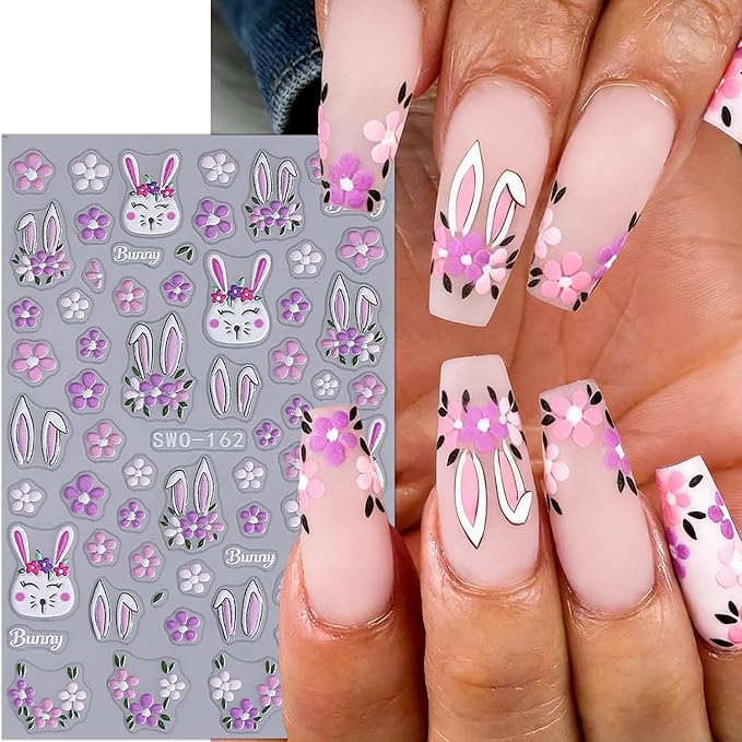 2 Sheets Easter Nail Stickers for Nail Art Cartoon Rabbit Nail Art Stickers Embossed Spring Flower Nail Decals 3D Self-Adhesive Rabbit Ears Flowers Easter Bunny Nail Design Decals for Women