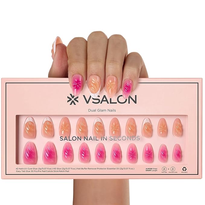 VSALON Press-On Nails Short Almond - Hot Pink & Nude 3D Design Bowknot Valentine French Tip Fake Nails, 42 PCS in 16 Sizes Nail Kit with UV Glue, Easy Tabs, Nail Glue & Remover (Barlow Girl)