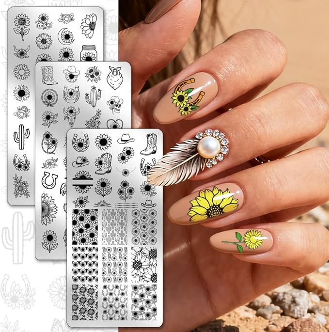 PH PandaHall 3pcs Sunflower Nail Stamping Plate Cowboy Boots Hat Nail Stamper Cactus Nails Arts Stencils Western Nails Art Design Stainless Steel Manicure Image Plates for Women DIY Manicure Salon