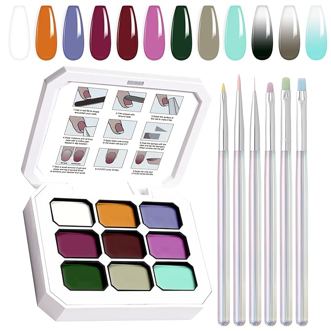 Gradient Gel Nail Set, 9 Colors Ombre Gel Nail Polish with 6 Aurora Multi-Purpose Brushes for Pigment Pat Nails French Manicure Nail DIY Painting Soak Off UV T Vintage Jewelry