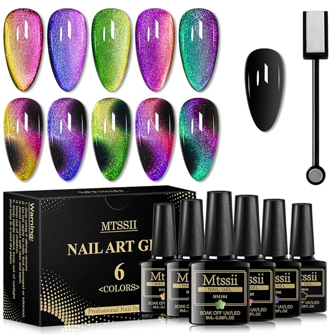 MTSSII Cat Eye Gel Nail Polish Moonstone Chameleon Magnetic Galaxy Nail Gel with Starry Sky Effect 6 Colors Nail Polish Set Manicure Nail Art Gift with 1 Magnet Stick