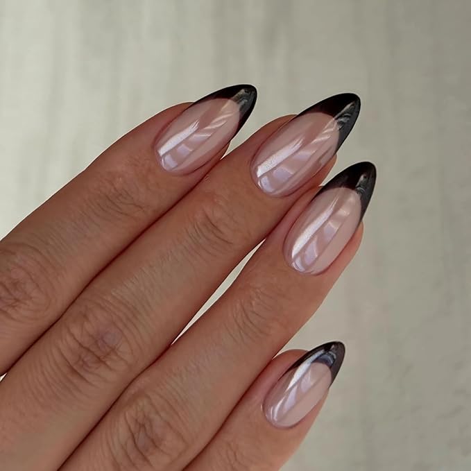 Pearlescent Press on Nails Medium, Glazed Black French Fake Nails Almond Chrome Acrylic Press Ons for Women, Natural Fit Full Cover Glue on Nails in 12 Sizes - 24 Pieces Nail Kit