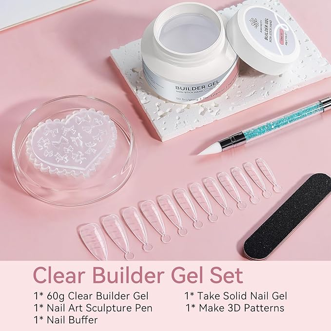 BORN PRETTY Builder Gel for Nails,60g Clear Hard Gel for 3D Sculpting & Nail Extension,Non-Sticky Soak Off U V Gels with Silicone Mold,Salon & Home DIY Nail Art Kit