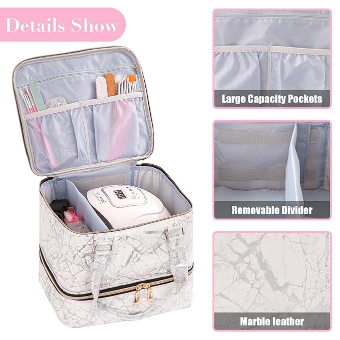 Nail Polish Organizer Bag Double Layers Nail Polish Storage Case Holds 42 Bottles & 1 Nail Lamp Gel Carrying Case Bag Manicure Supplies Organizers (Marbling)