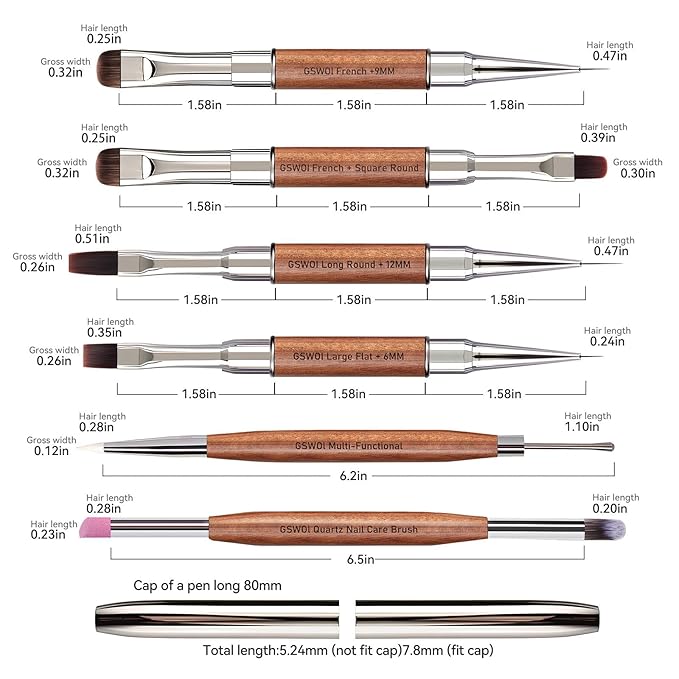 Dual Head Acrylic Nail Brush-French Tip & 9mm Liner with Cleaning Brush for Builder Gel,Polygel & Design-Wood Handle & Metal Caps