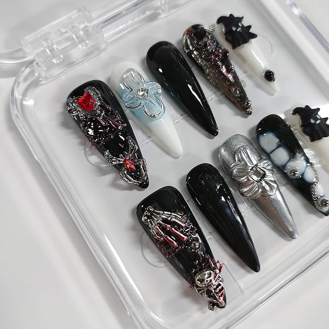 Halloween Press on Nails Long Almond 3D Floral Handmade Nails Thick Acrylic Fake Nails Gothic Black&White False Nails with Spider Heart Ghost Designs Sturdy Nail Art Press on Nails 10Pcs(S)