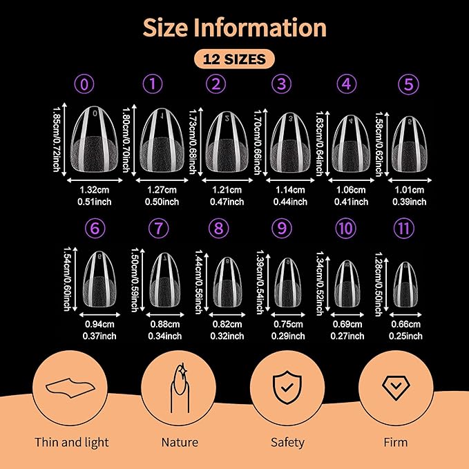 Extra Short Almond Nail Tips,Soft Press On Fake Nail Pre-shaped Half Matte Full Cover Gel Nail Tips Extensions 12 Sizes 300 PCS，Clear Almond Press on Nails for Girls for Home DIY Salon
