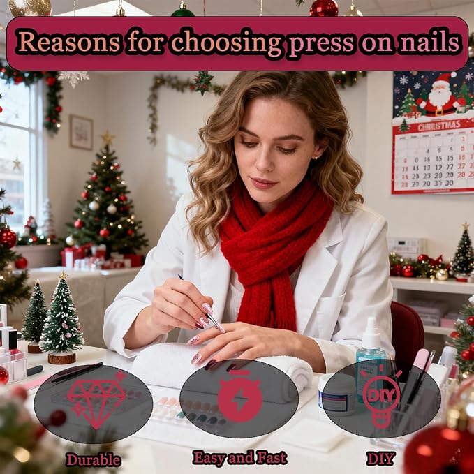 24pcs Pearlescent Red Medium Almond Press On Nails with Snowflakes for Themed Costumes, Reusable Nail Kit with Nail Adhesive Tabs Mini Nail File, 12 Sizes (Pearlescent Red)