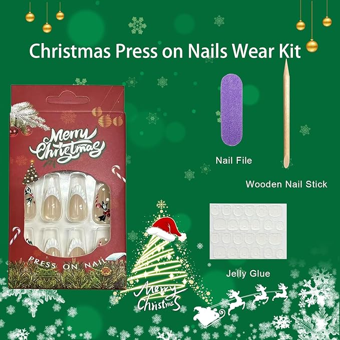 Christmas Press on Nails Medium Almond Fake Nails with Christmas Holly Candy Cane Designs White French Tip Xmas False Nail Winter Stick on Nail for Women 24 Pcs