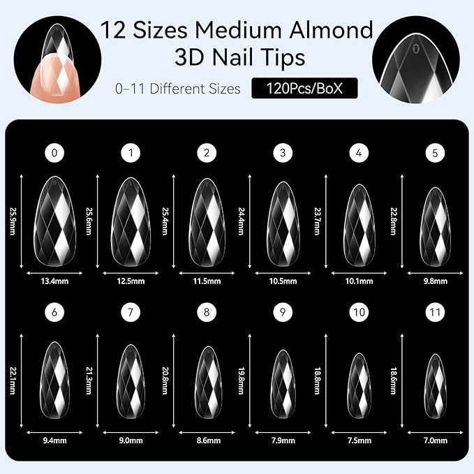 Makartt Medium Almond Soft Gel Nail Tips: 120pcs 3D Diamond-Shaped Fake Nails Extension, 12 Sizes Full Cover Clear Press-On Tip, Natural Rhombus Lattice, Suit for Chrome Nail Powder