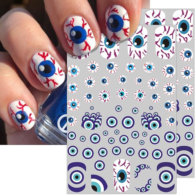 Halloween Eyeball Nail Stickers - 3D Bloody Horror Eyeball Self-Adhesive Nail Decals for DIY Funny Spooky Manicure (6 Sheets)