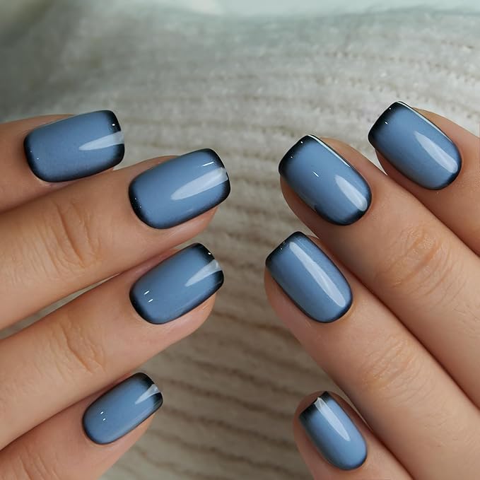 CurvLife Press on Nails Short Square Blue Ombre, 30PCS Glossy Acrylic Fake Nails with Design, Full Cover Reusable Glue on Nails Kit with Nail Glue, Adhesive Tabs & Nail File